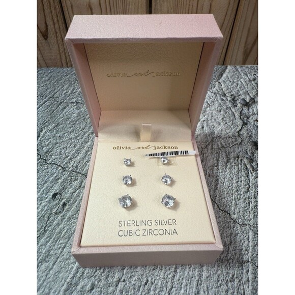 NIB Olivia And Jackson Sterling Silver Cubic Zirconia Studs 3 Earrings Set - Picture 2 of 8